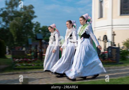 Crostwitz, Allemagne. 08th juin 2023. Les filles sorabes en costume de druzhka viennent au service de Corpus Christi. La 'solennité du corps et du sang le plus Saint du Christ' est une fête en Lusatie sorabe et est célébrée avec des services et des processions d'église. Credit: Matthias Rietschel/dpa/Alay Live News Banque D'Images