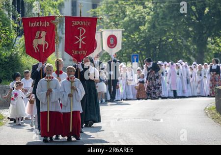 Crostwitz, Allemagne. 08th juin 2023. Les catholiques sorabes célèbrent la fête de Corpus Christi par une procession. Traditionnellement, les filles sorabes portent le costume d'une druzhka. La 'solennité du corps et du sang le plus Saint du Christ' est une fête en Lusatie sorabe et est célébrée avec des services et des processions d'église. Credit: Matthias Rietschel/dpa/Alay Live News Banque D'Images