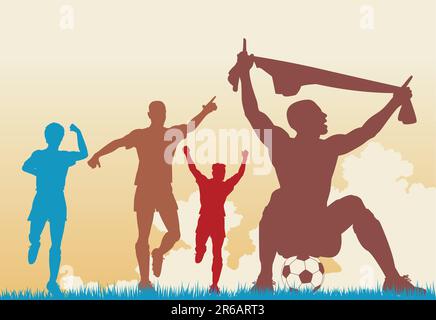 Vector silhouettes colorées modifiable d'un joueur de football célèbre un but plus coéquipiers Illustration de Vecteur