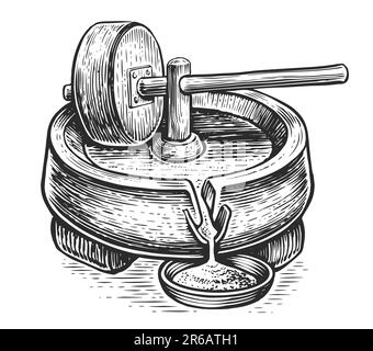 Molette avec support de poignée. Transformation des graines de céréales en farine pour la cuisson. Illustration d'esquisse dessinée à la main Banque D'Images
