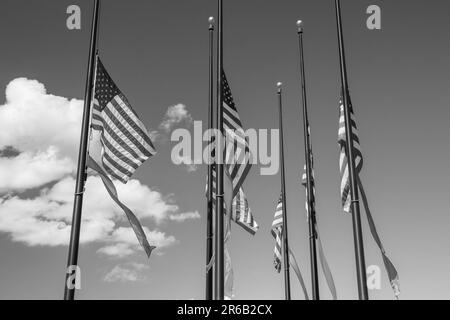 Une image haute résolution en noir et blanc de quatre drapeaux américains qui flottent dans le vent contre un ciel nuageux Banque D'Images