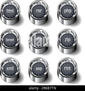 Icônes d'extension de fichier Internet sur le jeu de boutons vectoriels en caoutchouc moderne Illustration de Vecteur