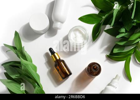 Flacons de sérum cosmétique en verre ambré, bocaux de crème hydratante et feuilles de plantes vertes sur fond blanc. Produits de beauté naturels conception d'emballage. Ou Banque D'Images