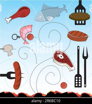 Icônes stylisées de barbecue rétro avec ciel bleu. Les éléments sont regroupés afin que vous puissiez les utiliser indépendamment de l'arrière-plan. Fichier superposé pour une édition facile--n... Illustration de Vecteur