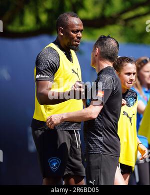 Usain Bolt du XI mondial lors d'une session de formation à Champneys Tring avant le match de football 2023 de l'UNICEF dimanche. Date de la photo: Jeudi 8 juin 2023. Banque D'Images