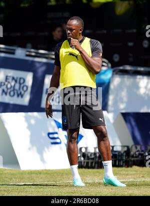 Usain Bolt du XI mondial lors d'une session de formation à Champneys Tring avant le match de football 2023 de l'UNICEF dimanche. Date de la photo: Jeudi 8 juin 2023. Banque D'Images