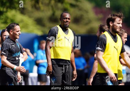 Usain Bolt du XI mondial lors d'une session de formation à Champneys Tring avant le match de football 2023 de l'UNICEF dimanche. Date de la photo: Jeudi 8 juin 2023. Banque D'Images