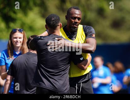 Usain Bolt du XI mondial lors d'une session de formation à Champneys Tring avant le match de football 2023 de l'UNICEF dimanche. Date de la photo: Jeudi 8 juin 2023. Banque D'Images