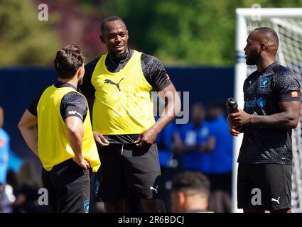 Usain Bolt du XI mondial lors d'une session de formation à Champneys Tring avant le match de football 2023 de l'UNICEF dimanche. Date de la photo: Jeudi 8 juin 2023. Banque D'Images