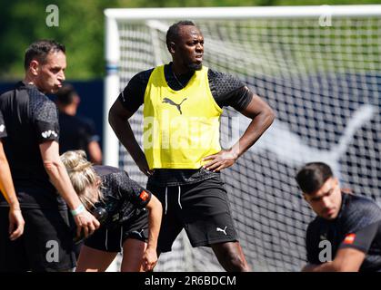 Usain Bolt du XI mondial lors d'une session de formation à Champneys Tring avant le match de football 2023 de l'UNICEF dimanche. Date de la photo: Jeudi 8 juin 2023. Banque D'Images