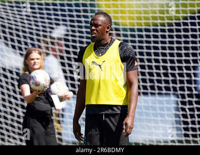 Usain Bolt du XI mondial lors d'une session de formation à Champneys Tring avant le match de football 2023 de l'UNICEF dimanche. Date de la photo: Jeudi 8 juin 2023. Banque D'Images