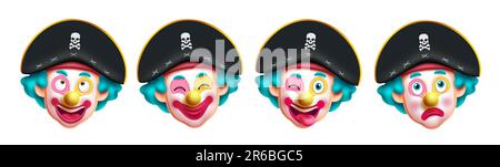 Jeu de vecteurs personnages clown pirate. Collection de costumes et mascottes pour Halloween et fête d'anniversaire. Illustration vectorielle clown caractère pirate Illustration de Vecteur