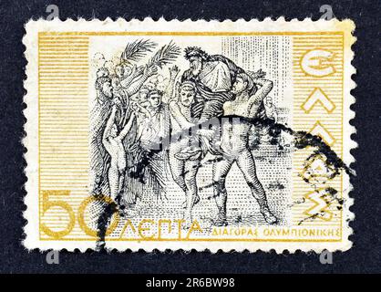 Timbre-poste annulé imprimé par la Grèce, qui montre Diagoras de Rhodes, vers 1937. Banque D'Images