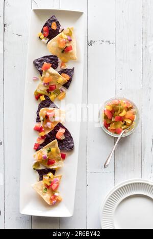 Croustilles de maïs bleu et jaune recouvertes de sauce chunky maison. Banque D'Images