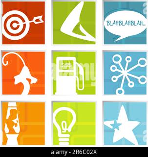 Ensemble rétro-stylisé d'icônes colorées dans un cadre biseauté ; les symboles restent entiers pour vous permettre des déplacer, un fichier superposé facile à modifier Illustration de Vecteur