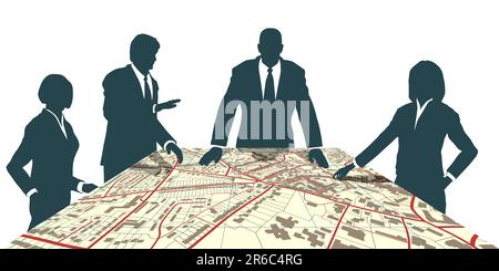 Carte vectorielle modifiable de personnes séance autour d'un plan de la ville générique Illustration de Vecteur