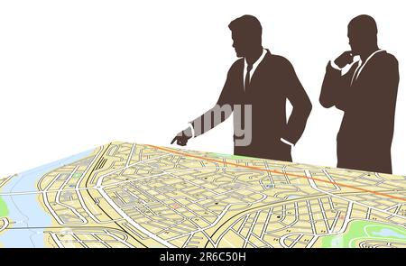 Illustration vectorielle modifiable de deux hommes par un plan de la ville générique Illustration de Vecteur