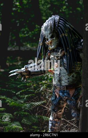 HARROGATE, ROYAUME-UNI - 3 JUIN 2023. Portrait d'un cosplayer habillé comme un étranger Predator en costume réaliste en plein air dans un environnement boisé Banque D'Images