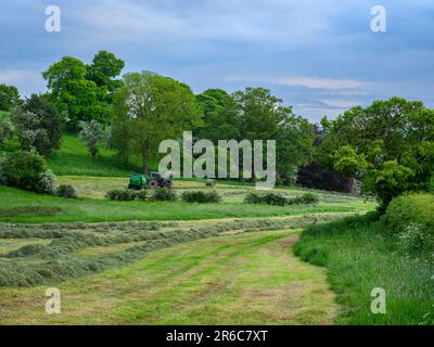 Fabrication de foin (tracteur Valmet en cours de conduite dans le champ tirant la presse McHale F5400, collecte de l'herbe sèche, 1 une balle ronde) - Leathley, Yorkshire, Angleterre, Royaume-Uni. Banque D'Images