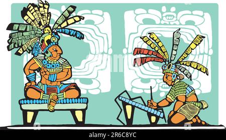 Sur le trône du roi maya est enregistré par scribe. Illustration de Vecteur