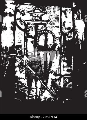 Norman Knight avec bouclier et épée rendus dans un style primitif. Illustration de Vecteur