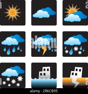 météo, prévisions, soleil, ensoleillé, nuage, nuageux, couvert, pluie, pluie, tempête, neige, inondation, tremblement de terre, environnement, symboles, icônes, vecteur, conception... Illustration de Vecteur