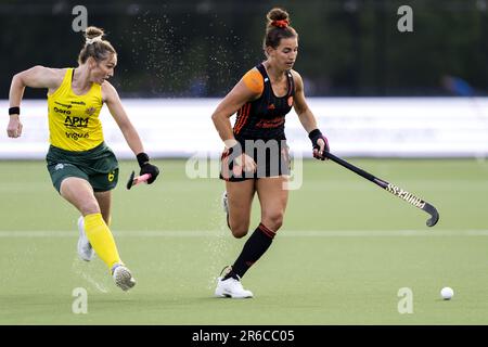 EINDHOVEN - Frederique Matla des pays-Bas en action contre Penny Squibb (AUS) lors d'un match de groupe au hockey sur gazon féminin de la FIH Pro League. AP SANDER KING Banque D'Images