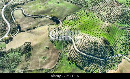 Cette photo aérienne capture une vue panoramique d'un paysage rural, avec des terres agricoles luxuriantes et une route sinueuse qui serpente dans la région Banque D'Images