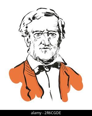 Image portrait de Richard Wagner, illustration vectorielle, dessin à la main noir et blanc isolé sur fond blanc Banque D'Images