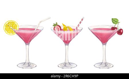 Lot de verres à cocktail roses ou de Cosmopolitan alcoolisés. Fraise, citron, cerise, glace, paille. Illustration aquarelle dessinée à la main isolée sur fond blanc Banque D'Images