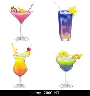 Mettez un cocktail alcoolisé sur la plage. Martini Mojito Tequila Sunrise Daiquiri Margarita. Illustration aquarelle dessinée à la main sur fond blanc. Pour le café Banque D'Images