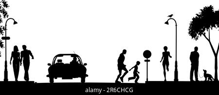 Silhouette vecteur modifiable d'une rue animée avec tous les éléments en tant qu'objets séparés Illustration de Vecteur