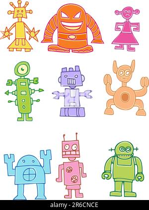 Ensemble de neuf robots dans un style de dessin animé ample. Illustration de Vecteur