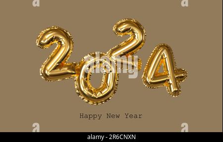 Nouvelle année 2024. 3D illustration des numéros 2024. fond beige, chiffres dorés Banque D'Images