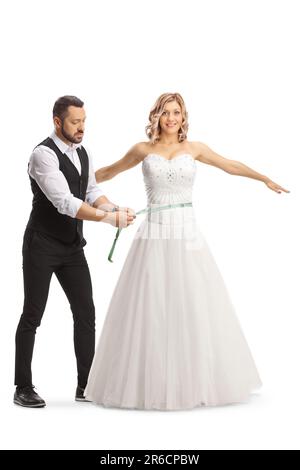 Adapter les mesures pour une robe de mariée isolée sur fond blanc Banque D'Images