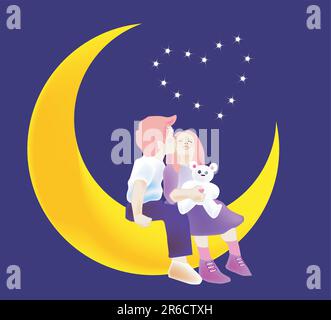 illustration vectorielle pour un garçon embrassant une fille et ils sont assis sur un croissant de lune, imagination. Illustration de Vecteur