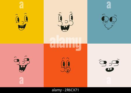 Personnages de dessin animé rétro visages drôles en 30s, 50s style mascotte. Illustration vectorielle isolée partie du visage - yeux, nez et bouche. Caricature classique Illustration de Vecteur