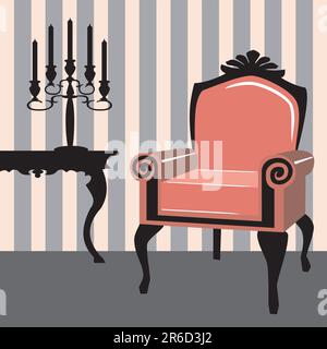 Décor intérieur avec vieux fauteuil et bougie, motif vectoriel entièrement évolutif Illustration de Vecteur