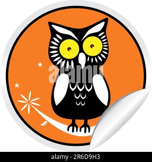 Hibou perché sur la branche sur un autocollant orange avec boucle. Illustration de Vecteur