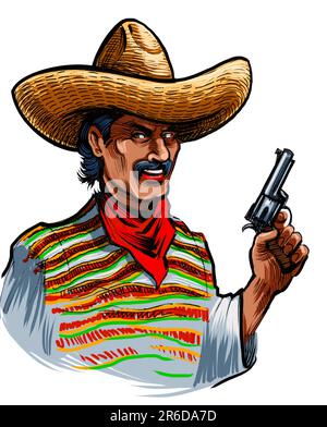 Bandit mexicain dans un sombrero avec une arme à feu. Encre tirée à la main sur papier et couleur à la main sur tablette Banque D'Images