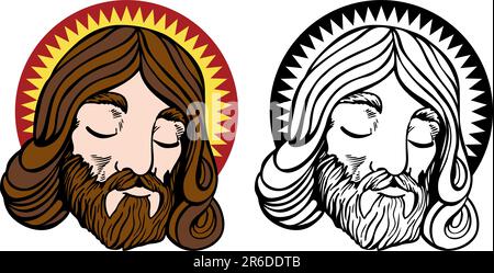 Face de Jésus avec halo dans un style de dessin animé isolé sur le blanc - à la fois couleur et noir / blanc. Illustration de Vecteur