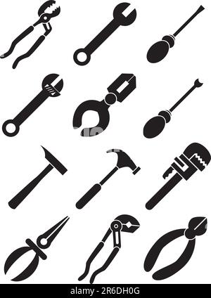 Set de 12 icônes outils - noir et blanc. Illustration de Vecteur