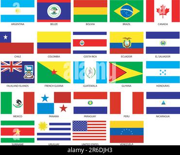 24 drapeaux des Amériques. Illustration vectorielle des drapeaux des différents pays du monde. Ils sont organisés par emplacement puis par ordre alphabétique dans ... Illustration de Vecteur