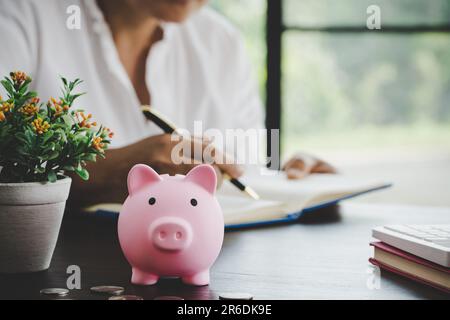 une femme fait des calculs, vérifie ses finances, prend des notes dans un carnet et met de côté une partie des fonds, des économies dans une banque de pigey Banque D'Images