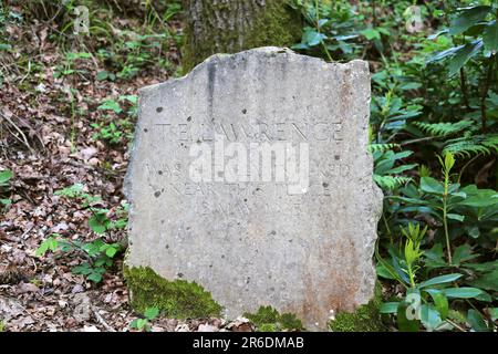 Marqueur de pierre où T E Lawrence est mort dans un accident de moto. King George V Road, Bovington, Dorset, Angleterre, Grande-Bretagne, Royaume-Uni, Royaume-Uni, Europe Banque D'Images