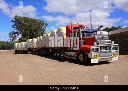 Red Road train avec des balles de coton jaune garées sur le côté de la Leichhardt Highway, Queensland Banque D'Images