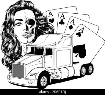 Semi-camion monochrome avec cartes de fille et de poker Illustration de Vecteur