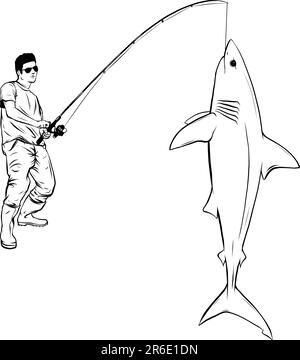 Étiquette de pêche monochrome avec un requin et un pêcheur Illustration de Vecteur