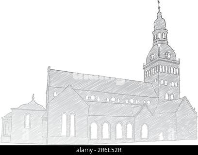 Croquis dessinés à la main, l'Eglise du Dome de Riga. Vector illustration Illustration de Vecteur