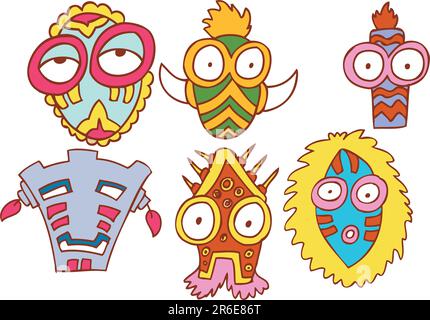 Collection de six masques de style tribal. Illustration de Vecteur